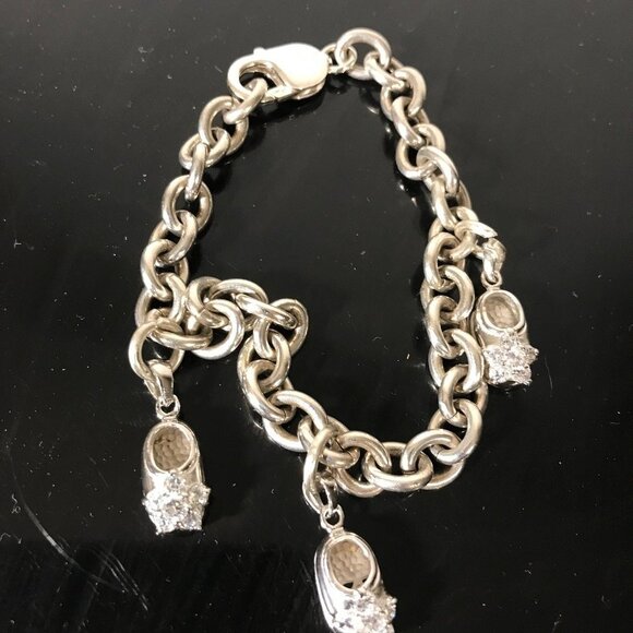Heavy Sterling Silver 925 Heavy Cable Chain Bracelet Charm Baby Shoes Rhinestone - Picture 2 of 4